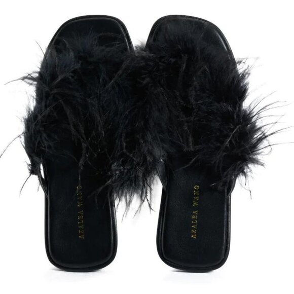 AZALEA WANG Pammy Black Maribou Feather Flat Thong Sandals 6-10 NWT - Picture 3 of 16